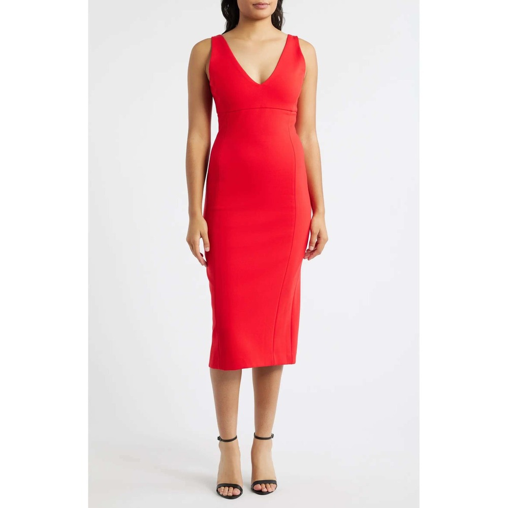 Spanx Ponte V-Neck Midi Dress Womens SZ Medium Red Sheath Sleeveless NEW